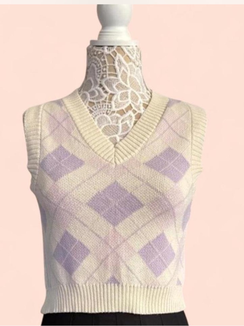 Cream & Lavender Argyle V-Neck Sweater Vest
